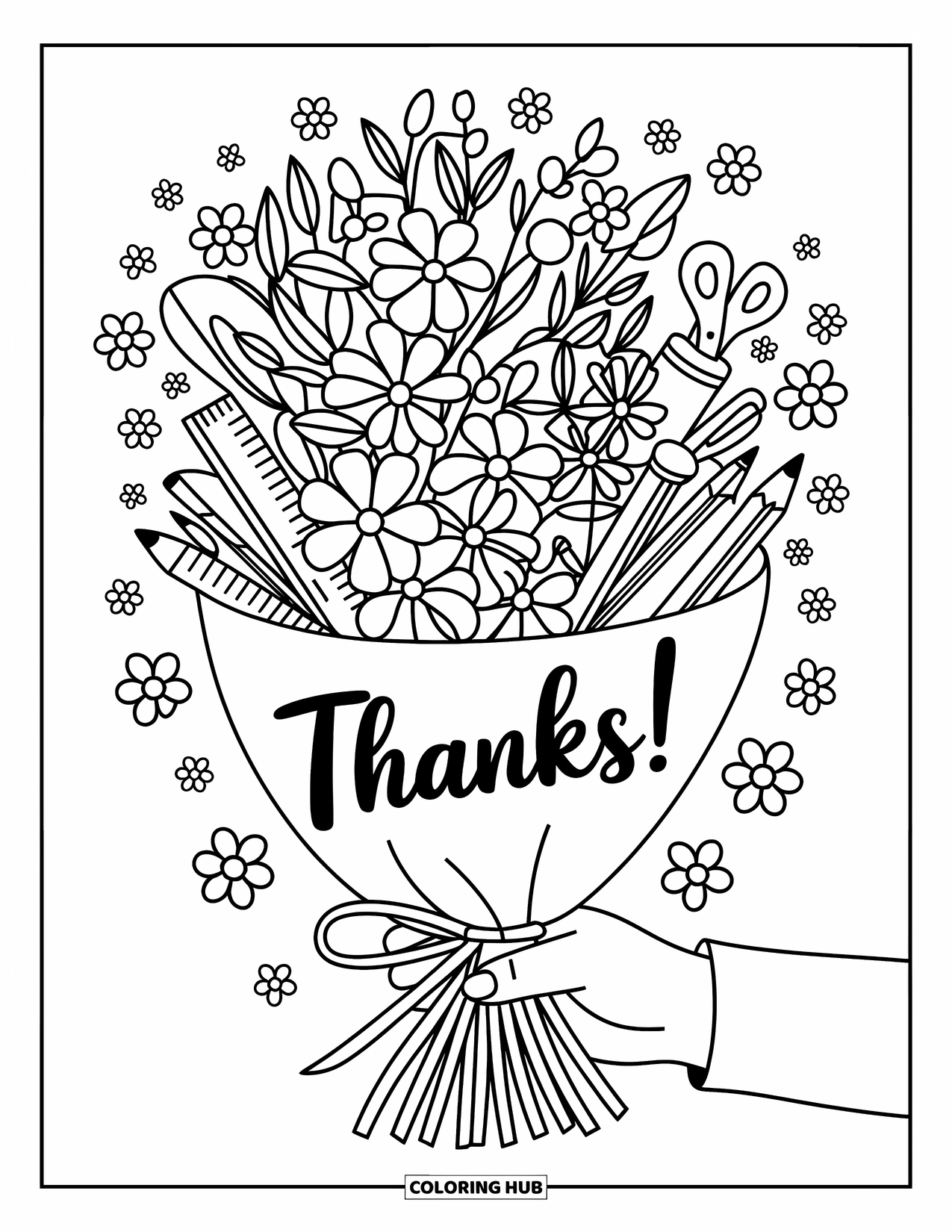 Thank You Teacher Coloring Page for Adults: A floral bouquet mixed with school supplies and a "Thanks!" ribbon
