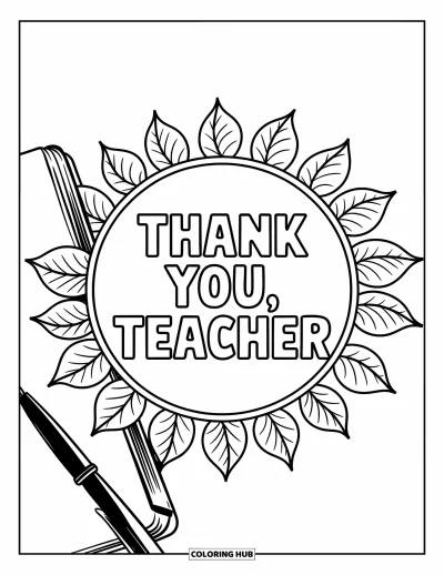 Kiitos opettaja -värityskuva aikuisille: Päiväkirja ja kynä paperin vieressä, jonka keskellä lukee "Thank You, Teacher"