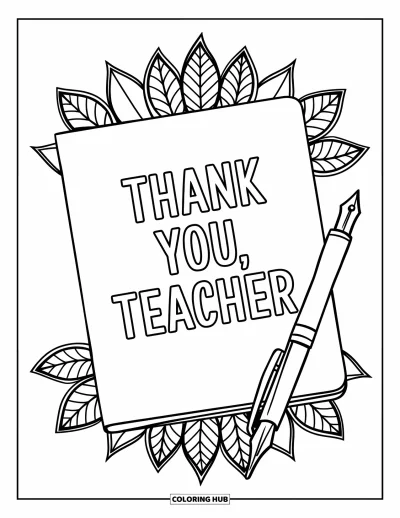 Kiitos opettaja -värityskuva aikuisille: Päiväkirja ja kynä tekstillä "Thank You, Teacher" lehtimandalan kehystämänä