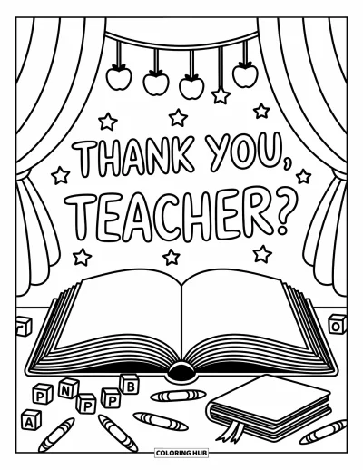 Kiitos opettaja -värityskuva aikuisille: Teksti "Thank You, Teacher" leijuu kirjojen ja leikkisien koulupiirroksien yläpuolella