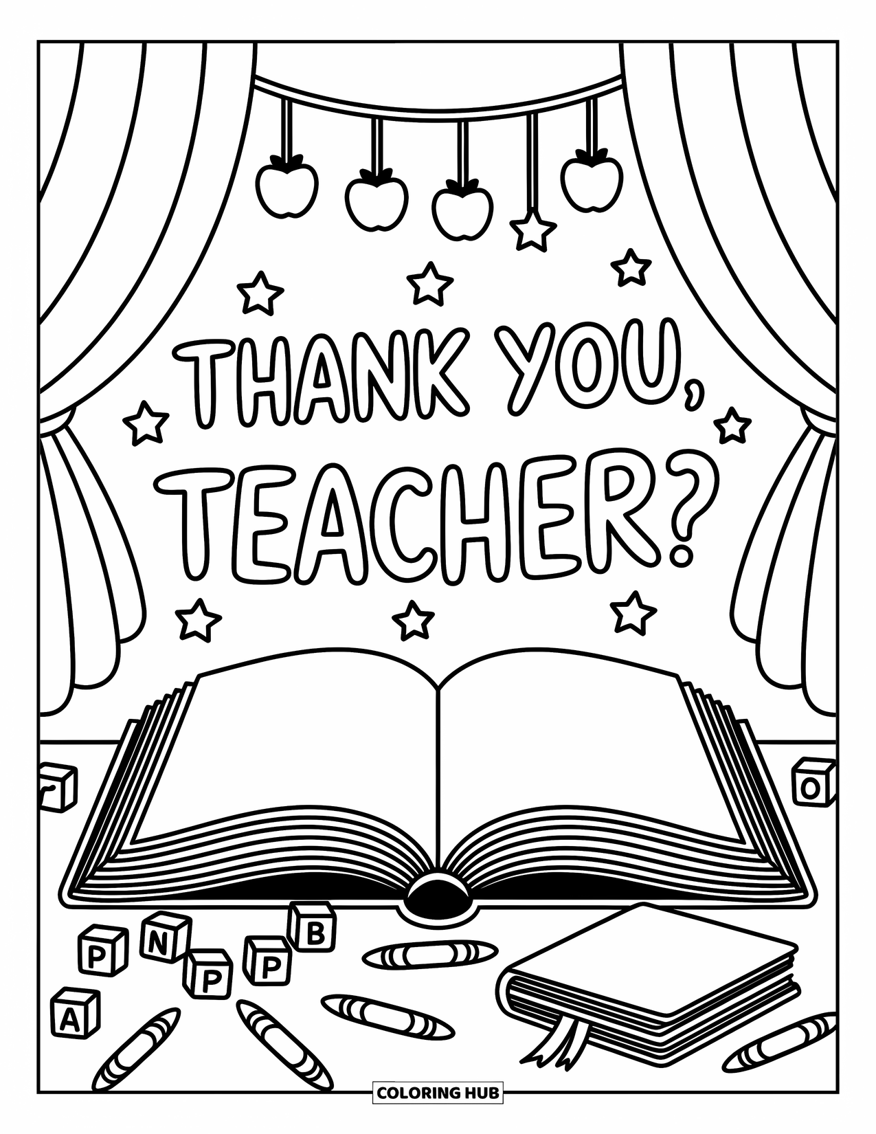 Thank You Teacher Coloring Page for Adults: A message "Thank You, Teacher" floats above books and playful school doodles