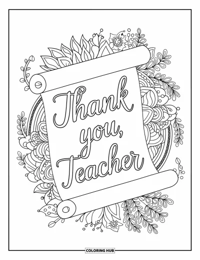 Kiitos opettaja -värityskuva aikuisille: Rullakirjoituskuvio tekstillä "Thank You, Teacher" ja yksityiskohtainen kasvimandala