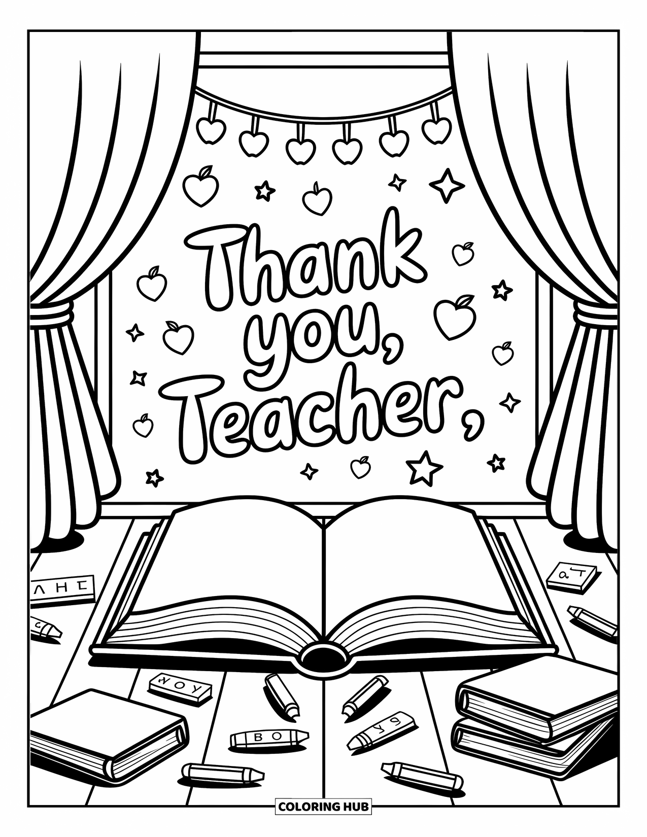 Thank You Teacher Coloring Page for Adults: A thank-you classroom banner above books, crayons, and alphabet blocks