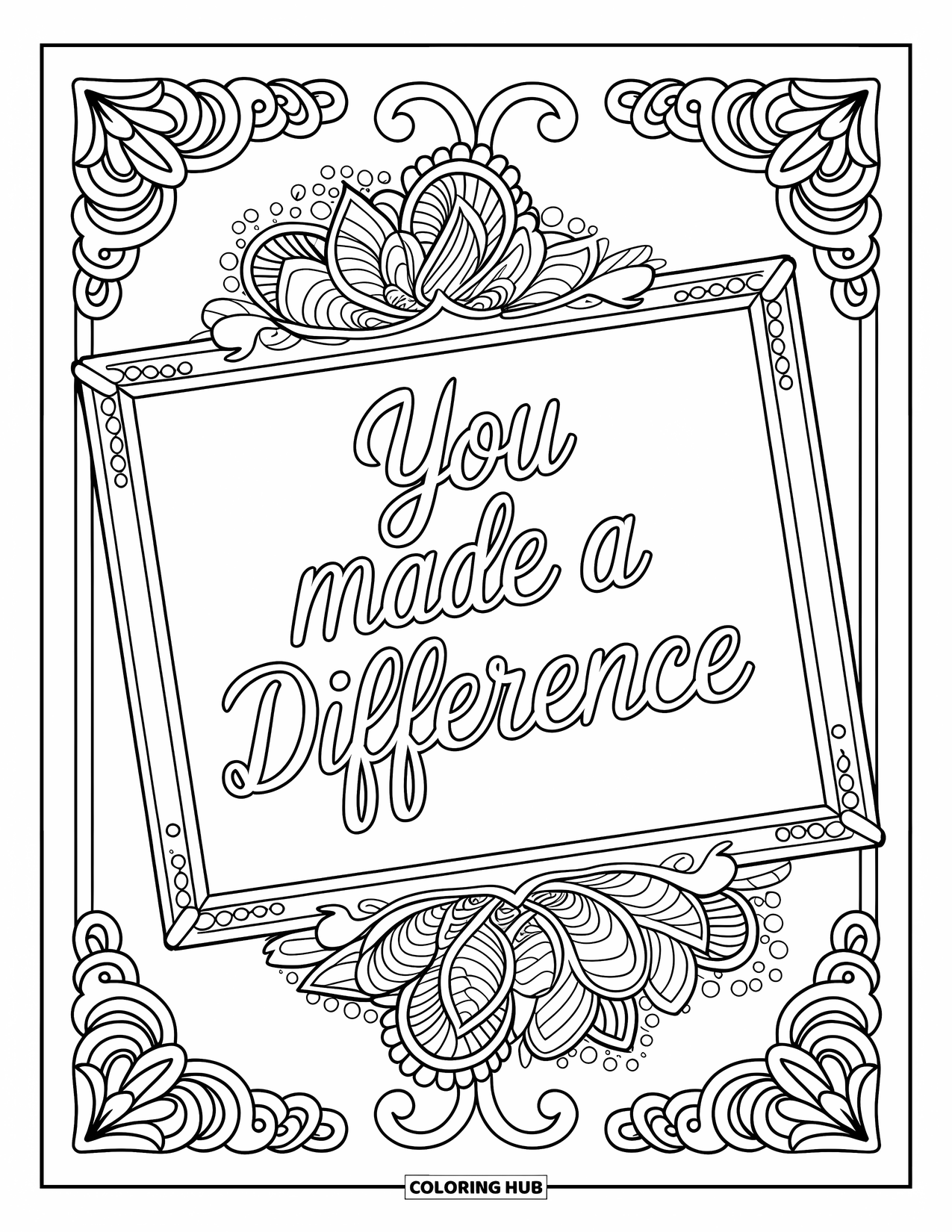 Thank You Teacher Coloring Page for Adults: An ornate floral mandala frames "You Made a Difference" on a chalkboard