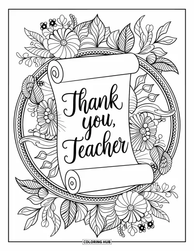 Kiitos opettaja -värityskuva aikuisille: "Thank You, Teacher" rullakirjoituksena kukkamandalakoristelujen ympäröimänä