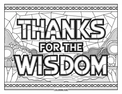 Kiitos opettaja -värityskuva aikuisille: "Thanks for the Wisdom" lasimosiaikissa vuoristomaiseman kanssa pyöreiden kuvioiden kehystämänä