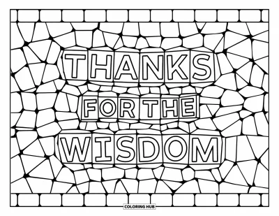 Kiitos opettaja -värityskuva aikuisille: "Thanks for the Wisdom" mosaiikkilaattoihin asetettuna pyöreiden kuvioiden ympäröimänä