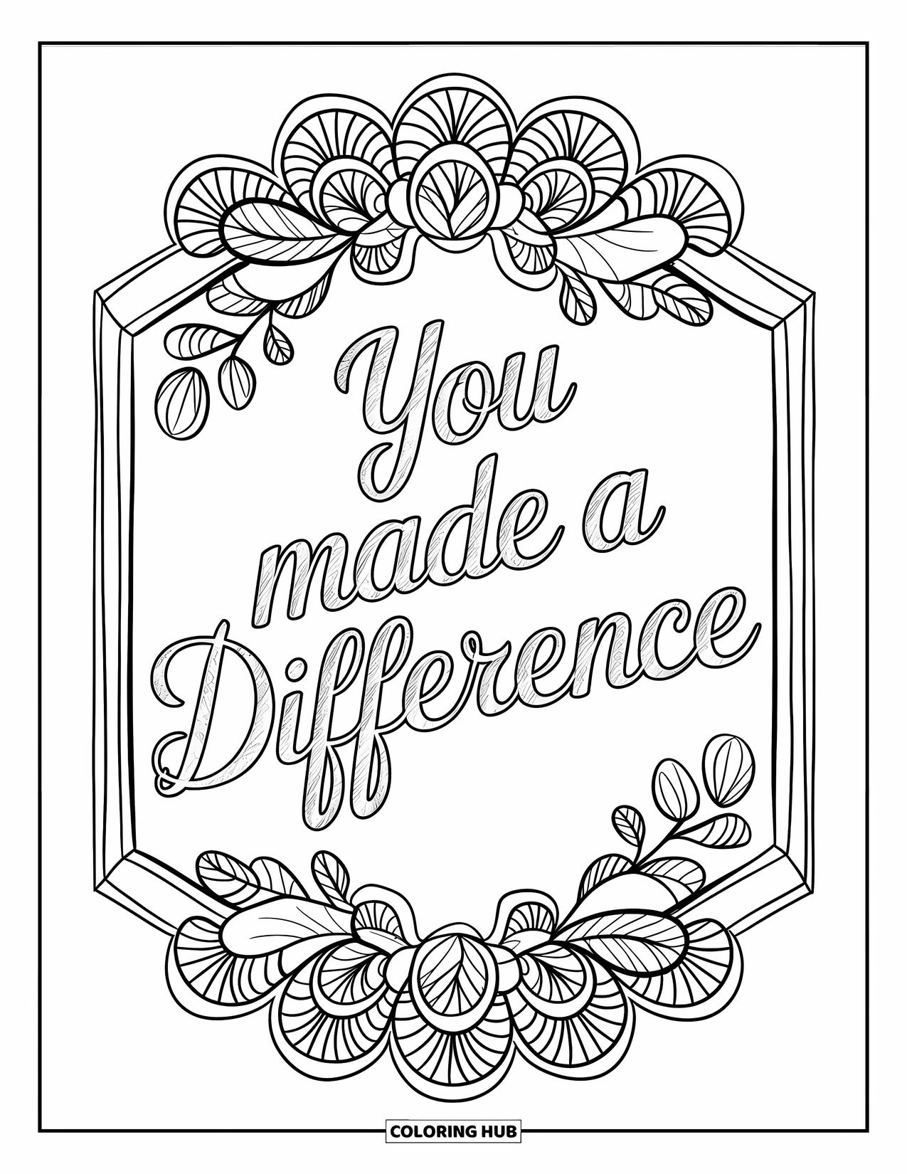 Thank You Teacher Coloring Page for Adults: "You Made a Difference" written on a chalkboard framed by floral mandala