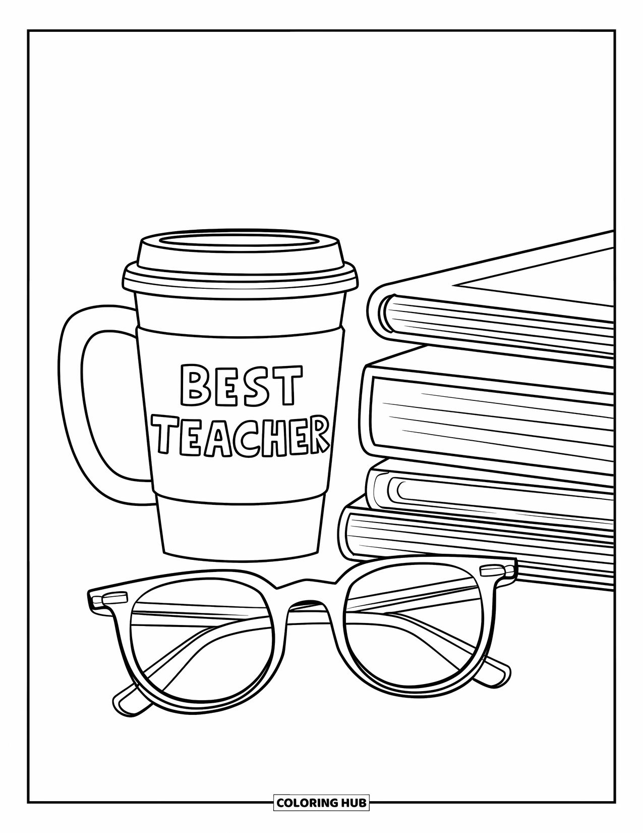 Thank You Teacher Coloring Page for Kids: A "Best Teacher" mug with stacked books and eyeglasses