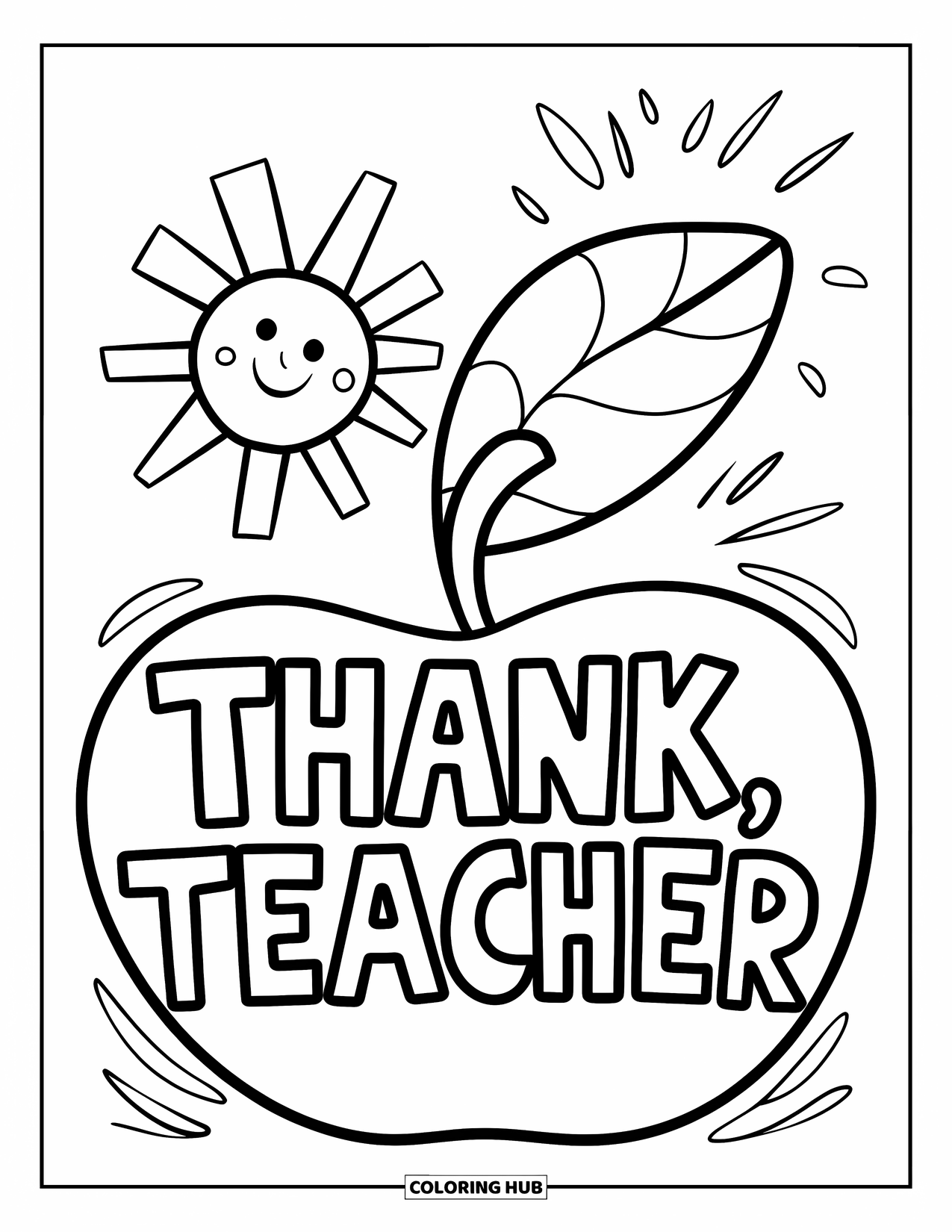 Thank You Teacher Coloring Page for Kids: A big thank-you text with a smiling sun and apple