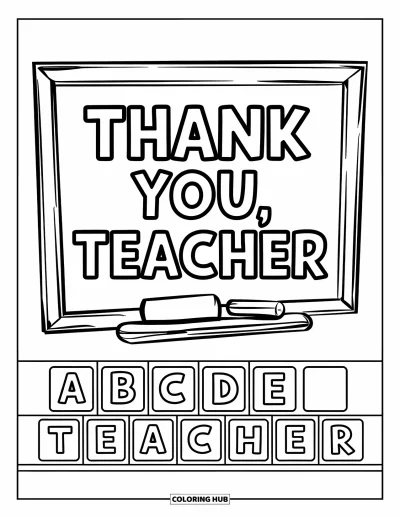 Kiitos opettaja -värityskuva lapsille: Liitutaulu, jossa lukee "Thank You, Teacher" ja kirjainpalikoita alla