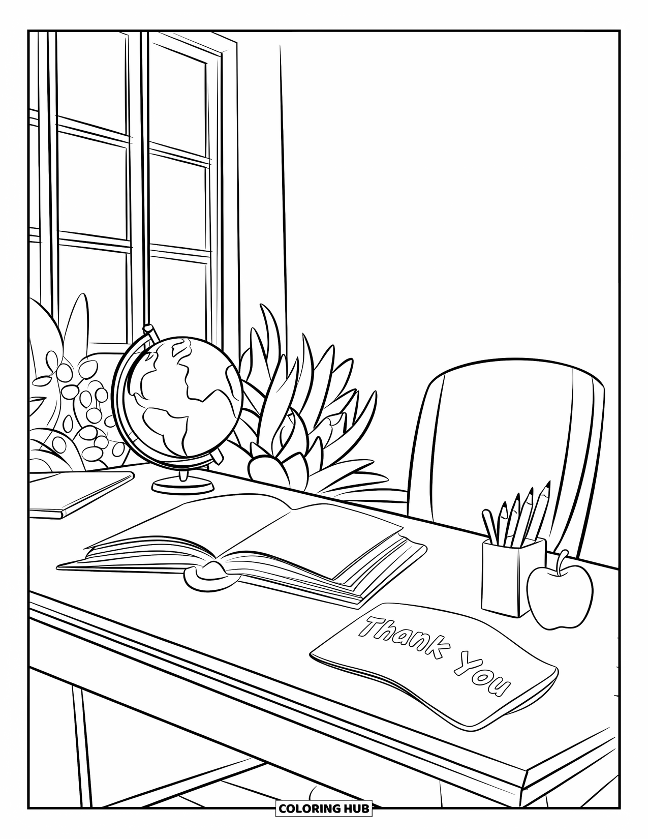 Thank You Teacher Coloring Page for Kids: A classroom desk with open book, globe, and thank-you card