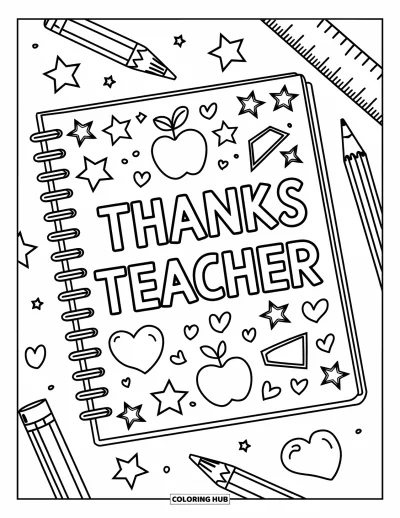Kiitos opettaja -värityskuva lapsille: Koristeltu muistivihkon sivu tekstillä "Thanks Teacher" ja koulupiirroksilla