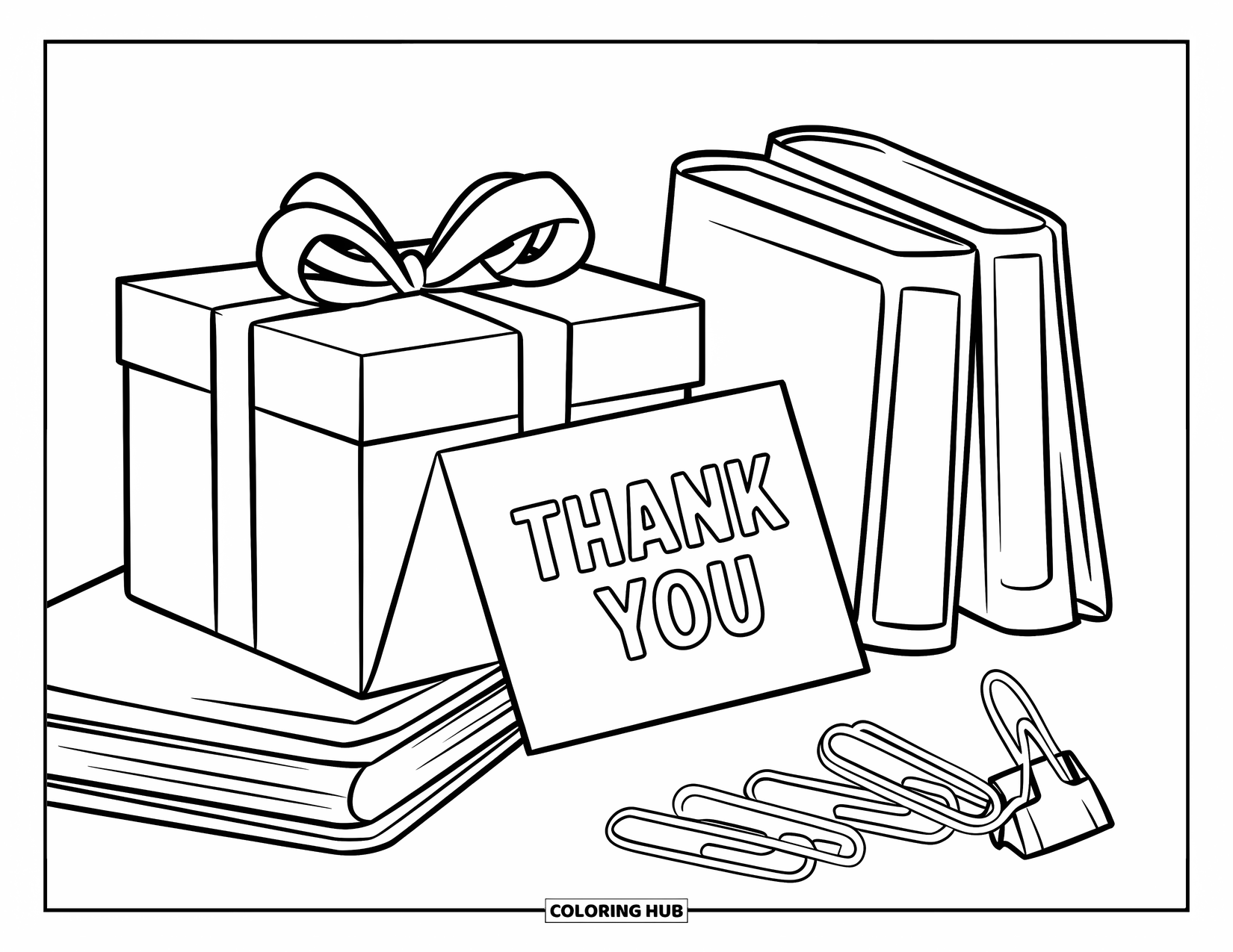 Thank You Teacher Coloring Page for Kids: A gift box with a card that says "Thank You"