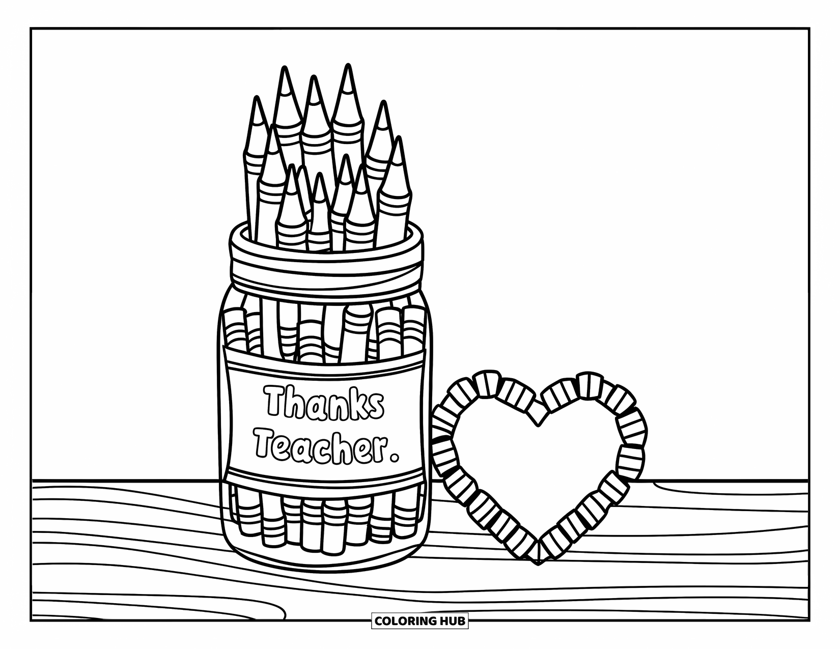 Thank You Teacher Coloring Page for Kids: A jar of pencil crayons labeled "Thanks Teacher"