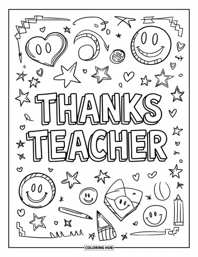 Kiitos opettaja -värityskuva lapsille: Muistivihkon sivu tekstillä "Thanks Teacher" ja piirroksia ympärillä