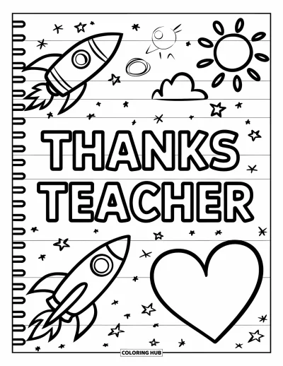 Kiitos opettaja -värityskuva lapsille: Muistivihkon sivu tekstillä "Thanks Teacher" sekä tähtiä ja sydämiä