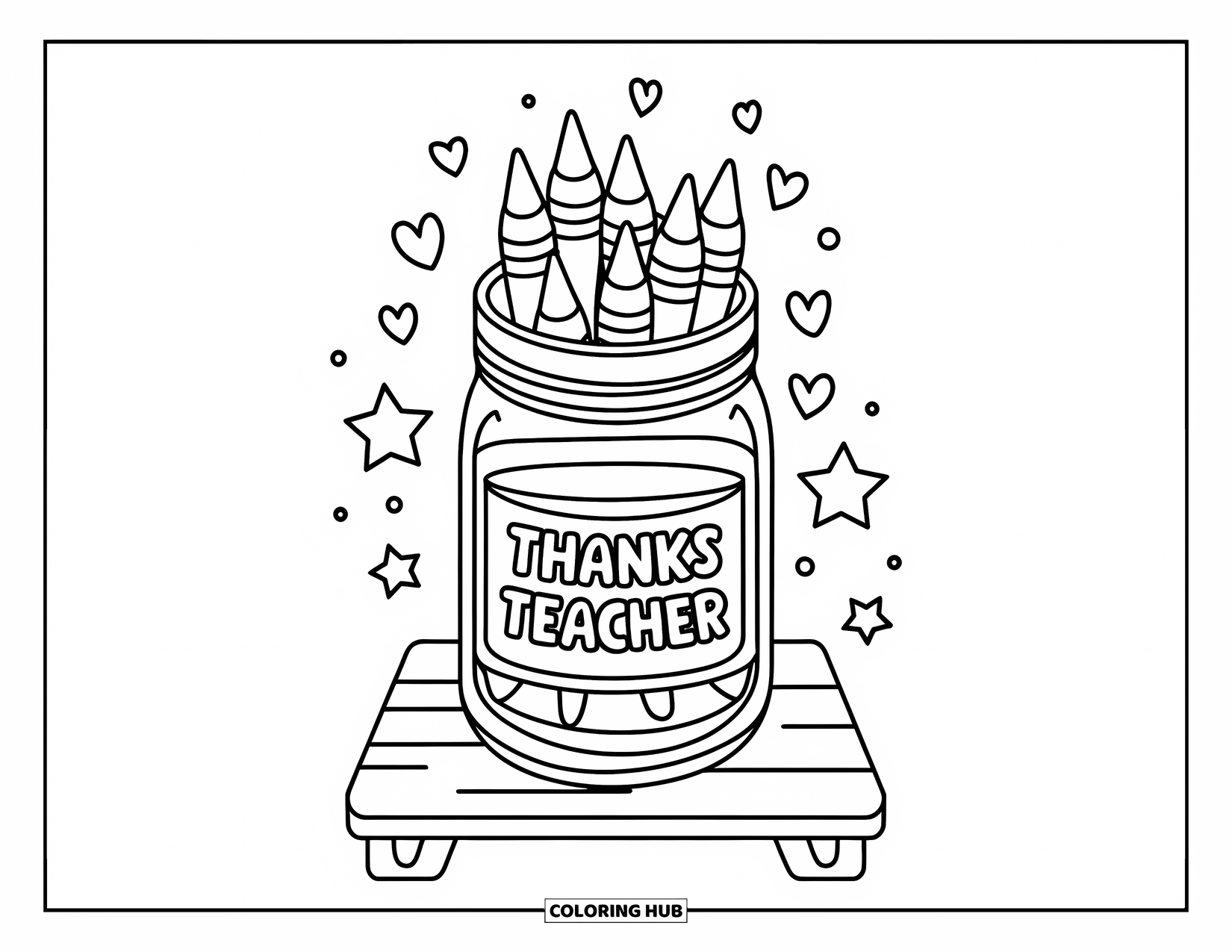 Thank You Teacher Coloring Page for Kids: A pencil crayon jar with stars and hearts around it