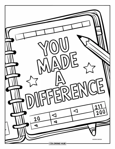 Kiitos opettaja -värityskuva lapsille: Kalenteri, jossa lukee "You Made a Difference" ja tähdellä merkitty päivä