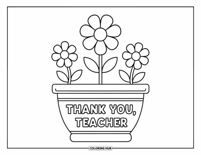 Kiitos opettaja -värityskuva lapsille: Esikoulun kukkaruukku kukkien ja tekstin "Thank You, Teacher" kanssa