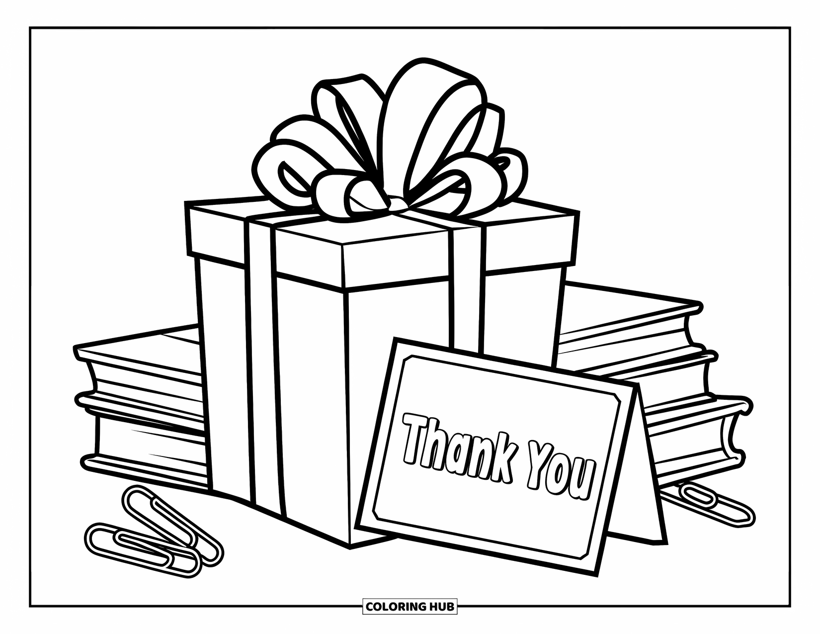 Thank You Teacher Coloring Page for Kids: A ribboned gift box beside books and a thank-you card