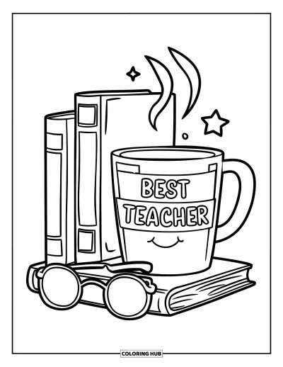 Kiitos opettaja -värityskuva lapsille: Hymyilevä "Best Teacher" -muki kirjojen ja tähden kanssa