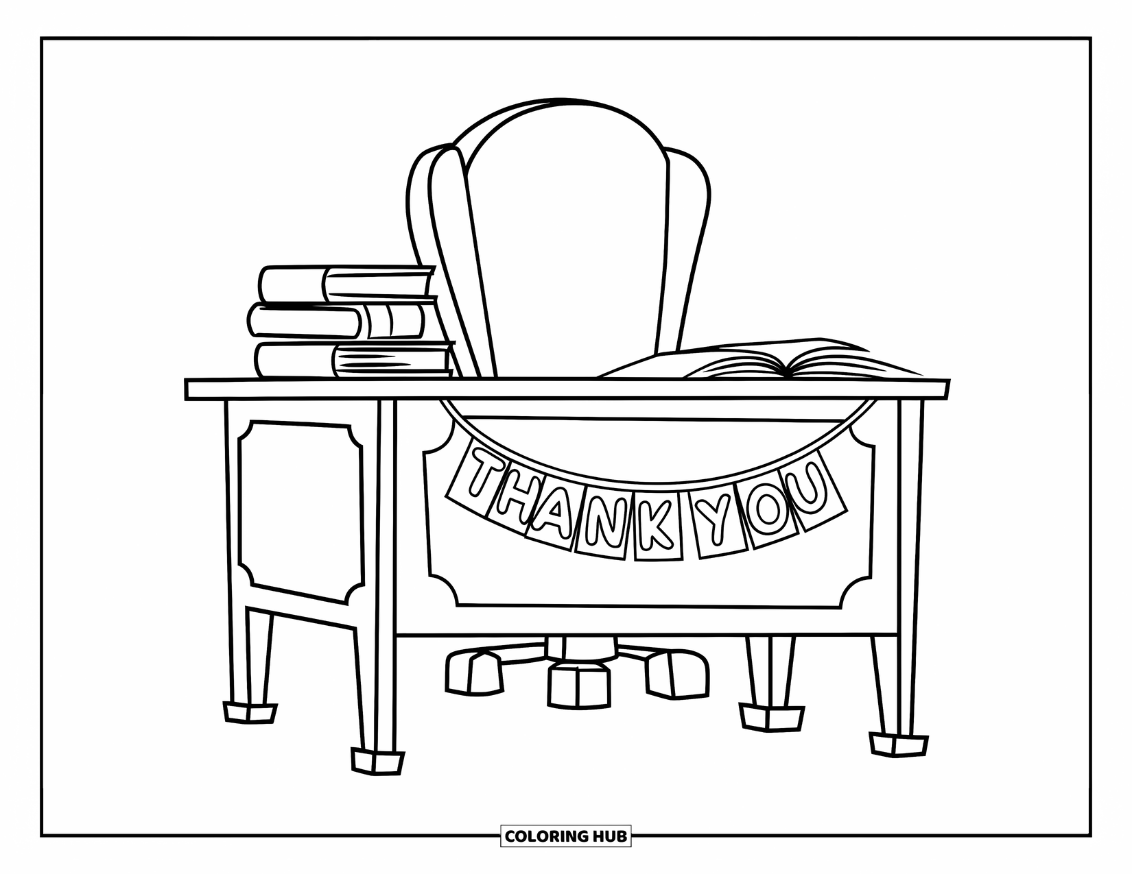Thank You Teacher Coloring Page for Kids: A teacher's desk with books and a banner that says "Thank You"