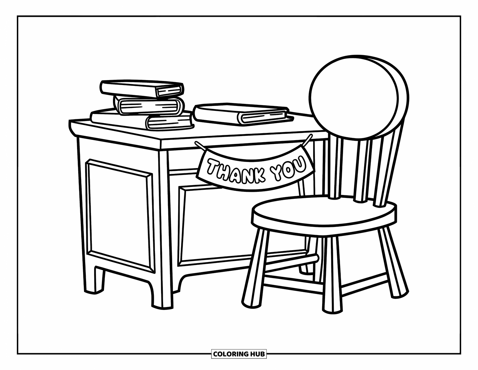 Thank You Teacher Coloring Page for Kids: A teacher's desk with books and a bold thank-you banner