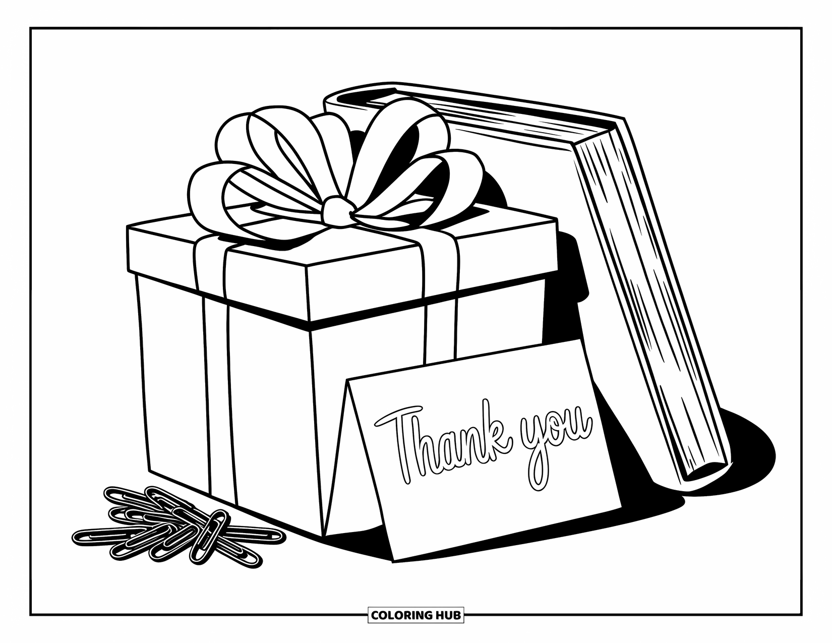 Thank You Teacher Coloring Page for Kids: A thank-you gift box with books and paper clips