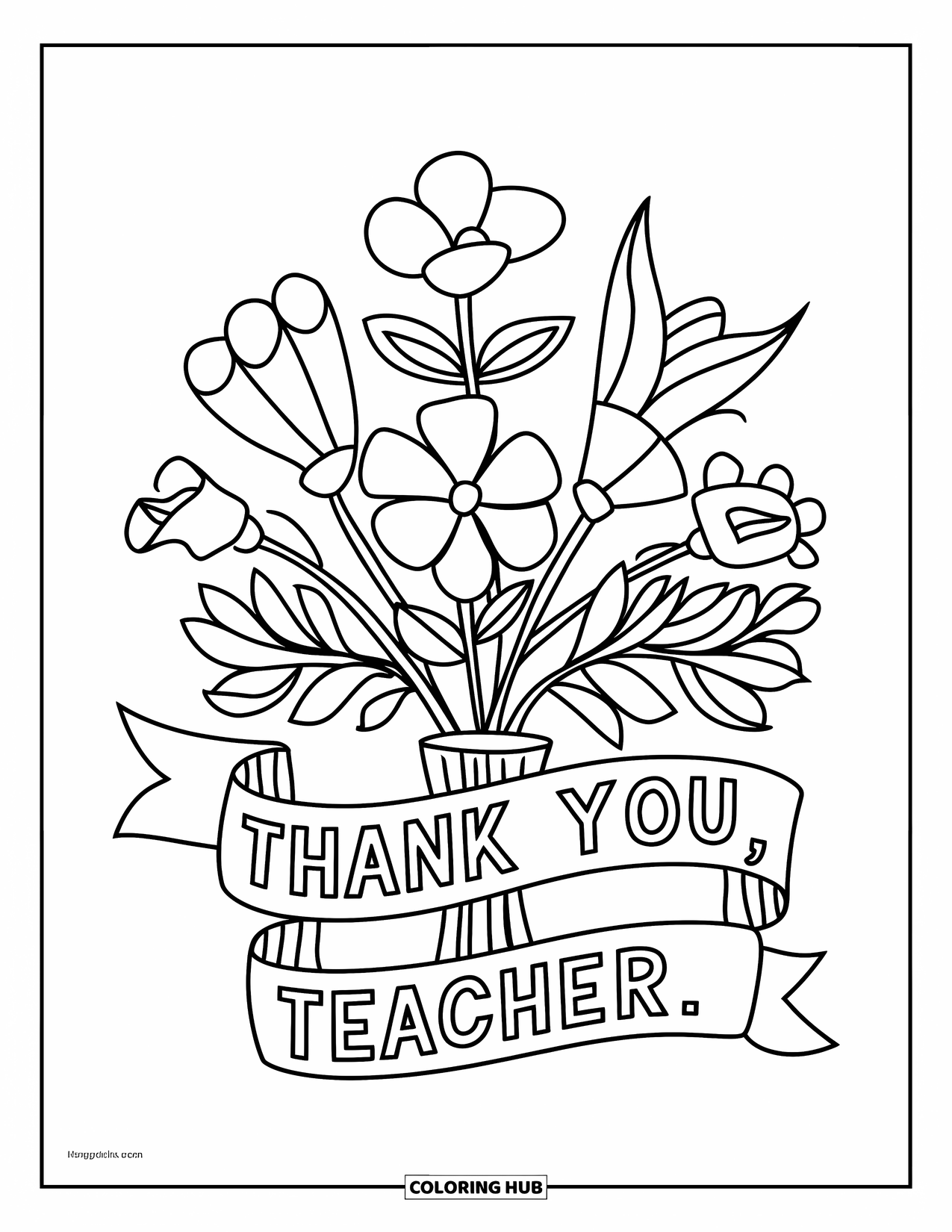 Thank You Teacher Coloring Page for Kids: A vase bouquet with ribbon reading "Thank You, Teacher"