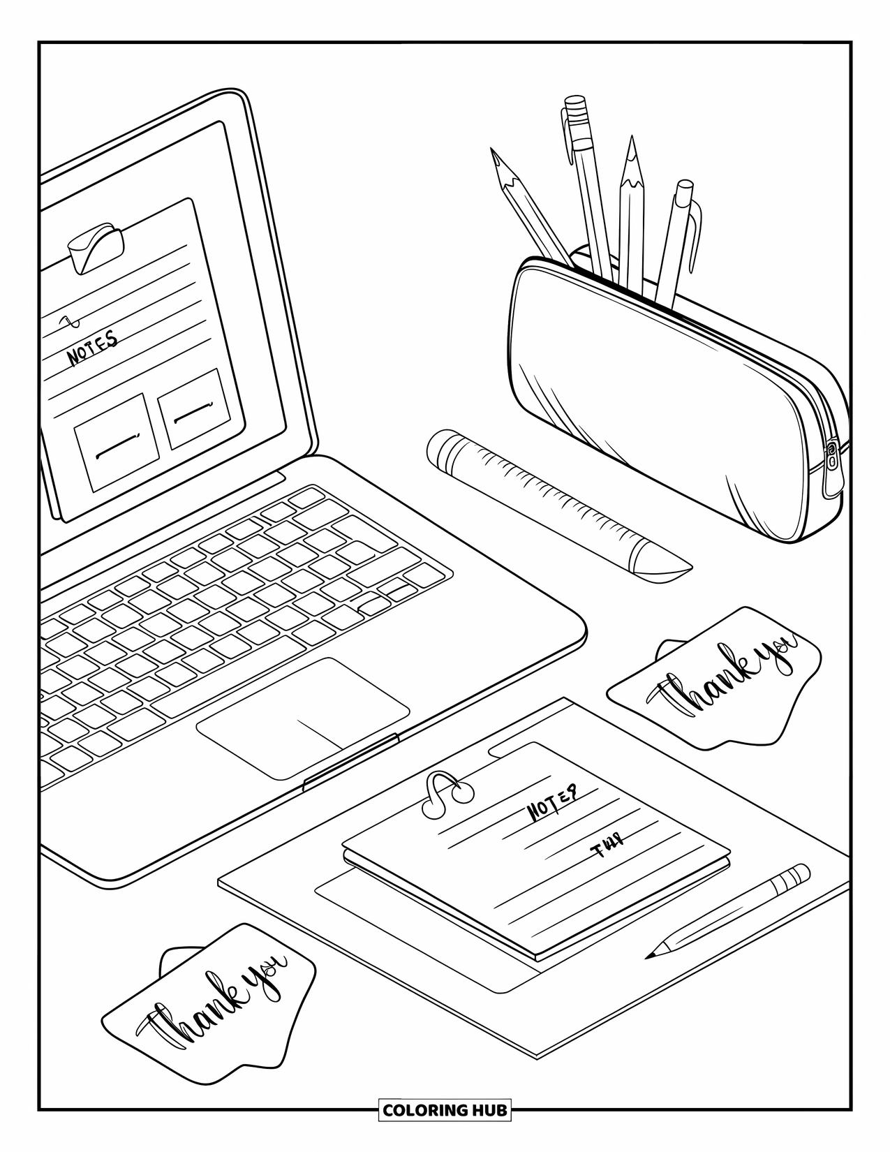 Thank You Teacher Coloring Page for Kids: A workspace scene with laptop, pencil case, and thank-you stickies