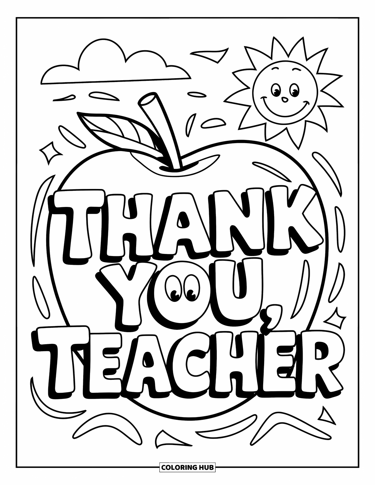 Thank You Teacher Coloring Page for Kids: Large thank-you letters surrounded by a sun and apple