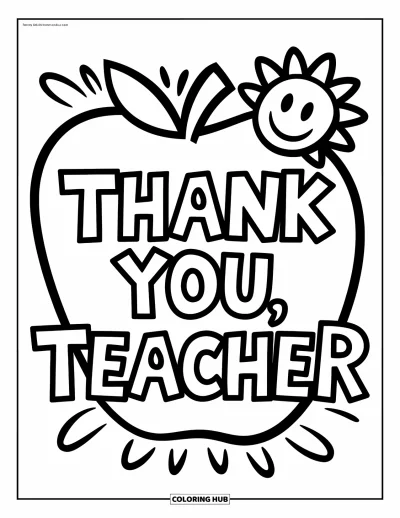 Kiitos opettaja -värityskuva lapsille: Suuret kirjaimet "Thank You, Teacher" omenan ja auringon kanssa