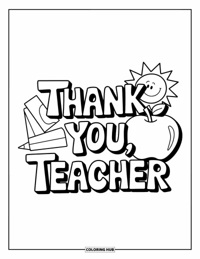 Kiitos opettaja -värityskuva lapsille: "Thank You, Teacher" omenan ja iloisen hymyilevän auringon kanssa