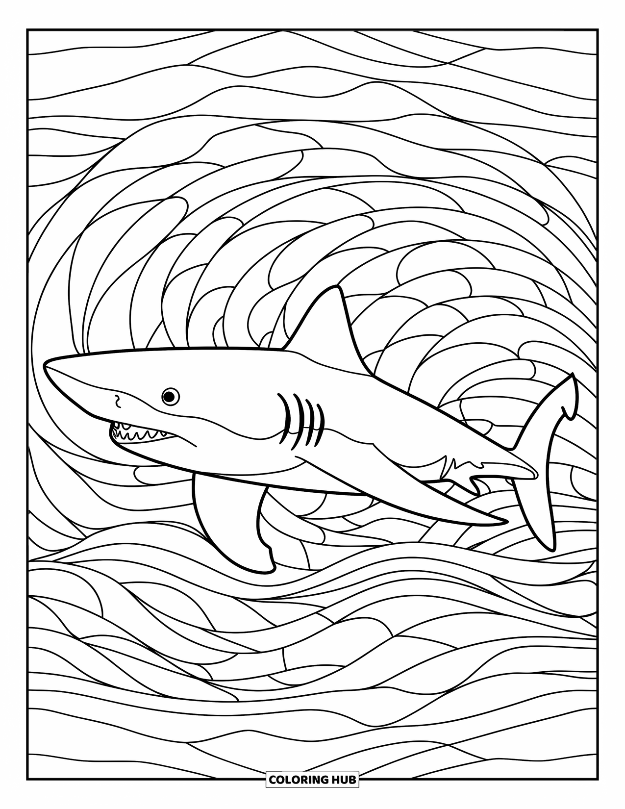 Tiger Shark Coloring Page for Adults: Side-view tiger shark in a stained glass wave pattern
