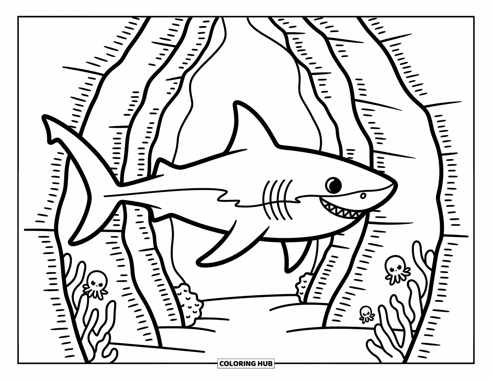 Tiger Shark Coloring Page for Adults: Tiger shark gliding in a patterned coral canyon with tiny octopuses hiding