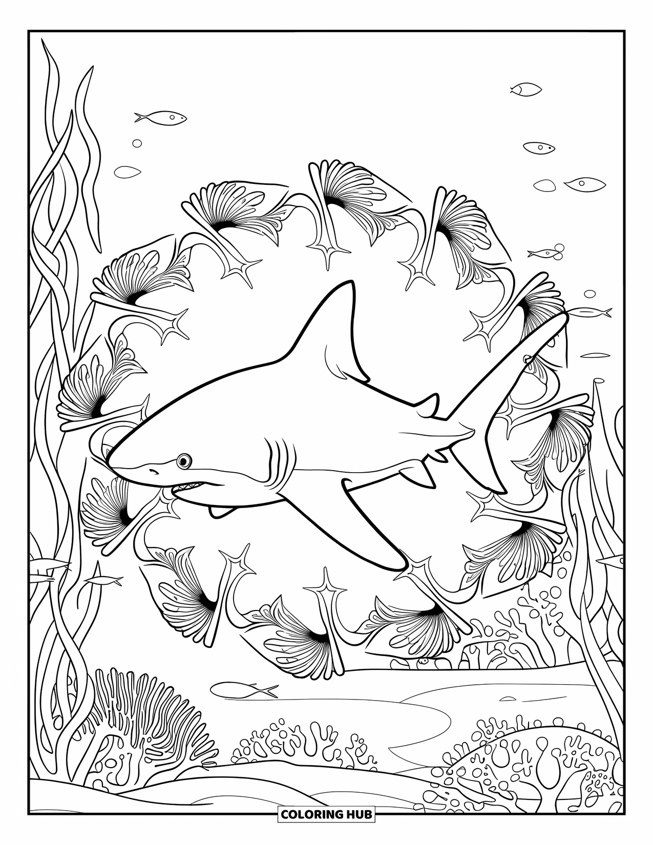 Tiger Shark Coloring Page for Adults: Tiger shark in a mandala of seaweed, coral, and starfish in clear water