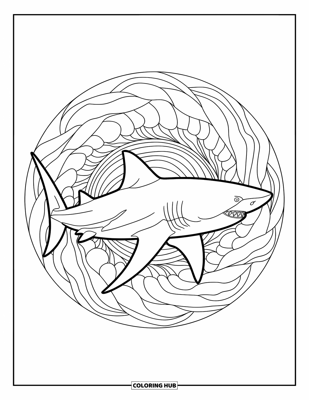 Tiger Shark Coloring Page for Adults: Tiger shark in swirling stained glass wave pattern with bold outlines