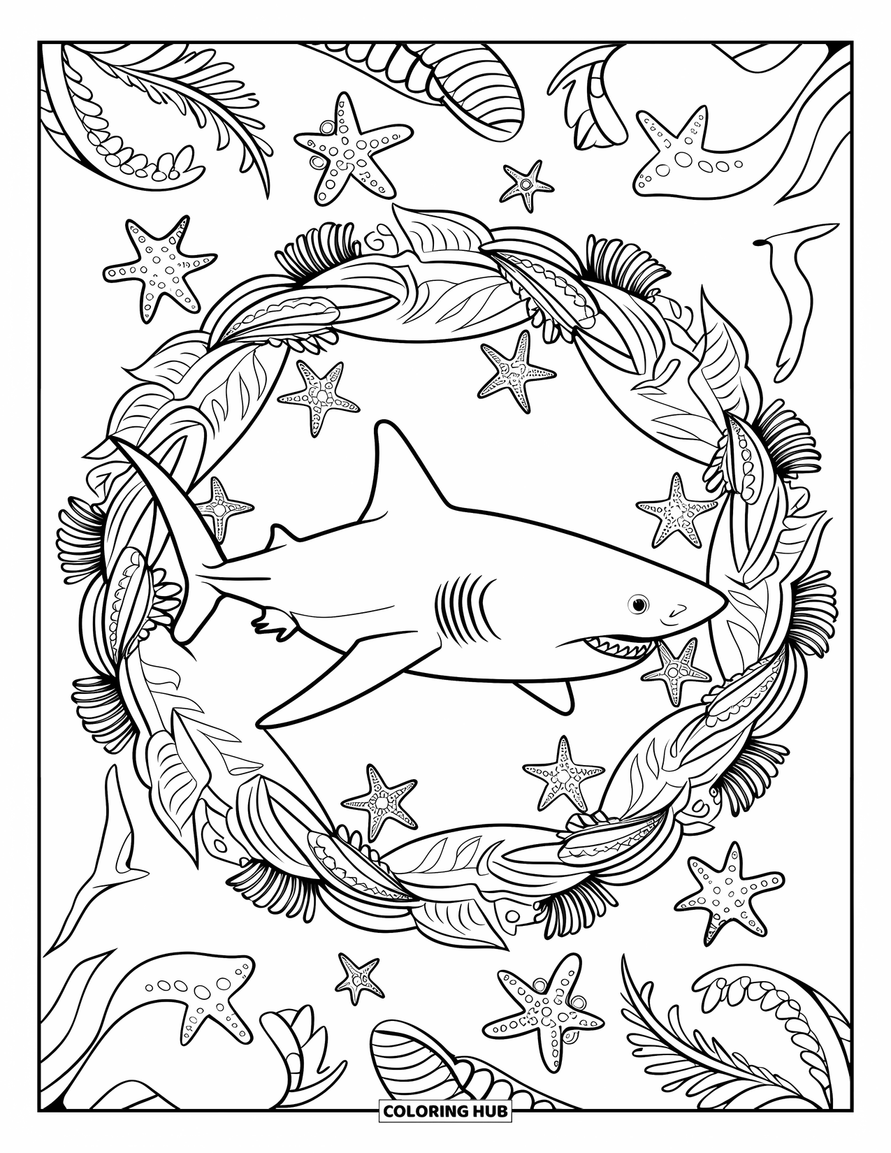 Tiger Shark Coloring Page for Adults: Tiger shark surrounded by a mandala of ocean plants and starfish