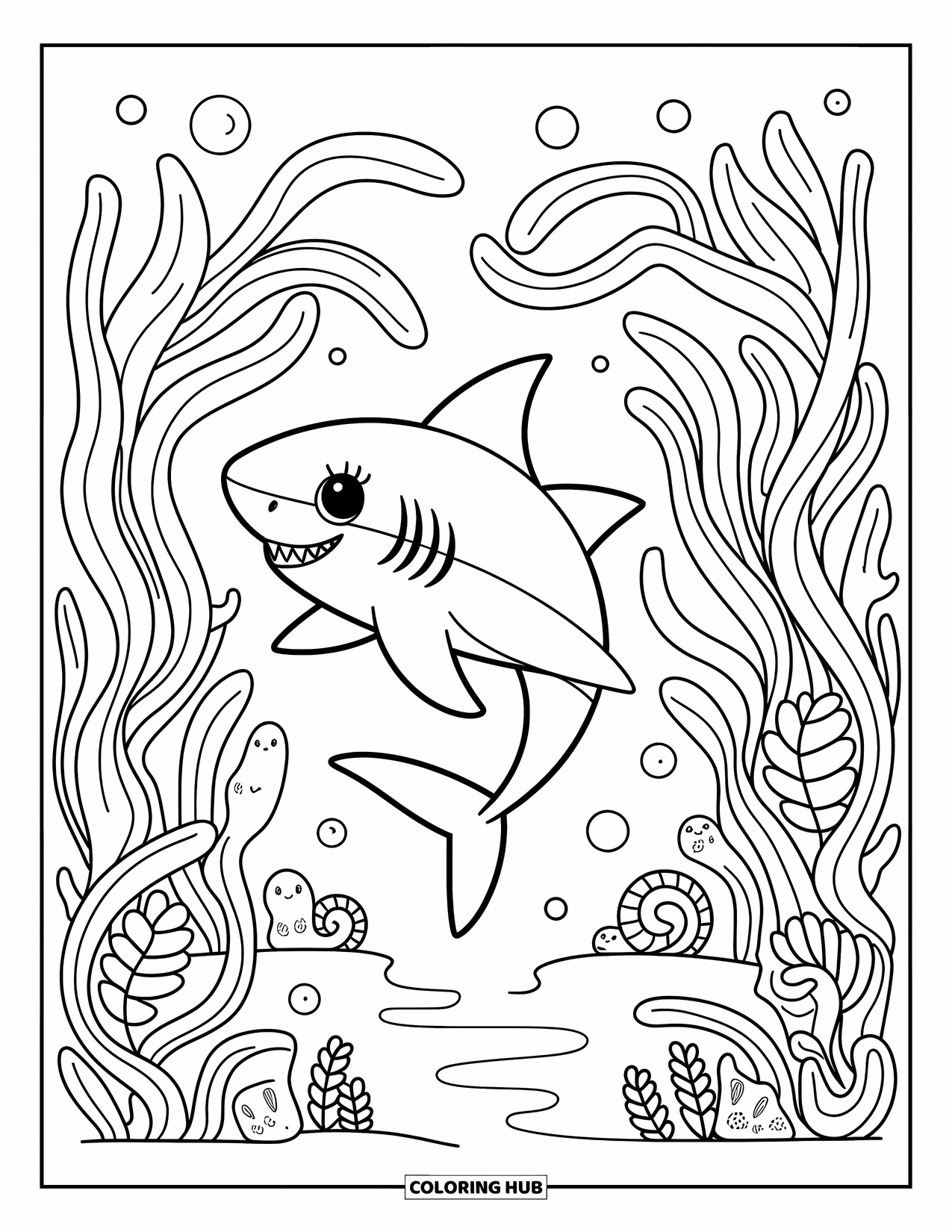 Tiger Shark Coloring Page for Adults: Tiger shark swimming among kelp fronds with snails and clams nestled below