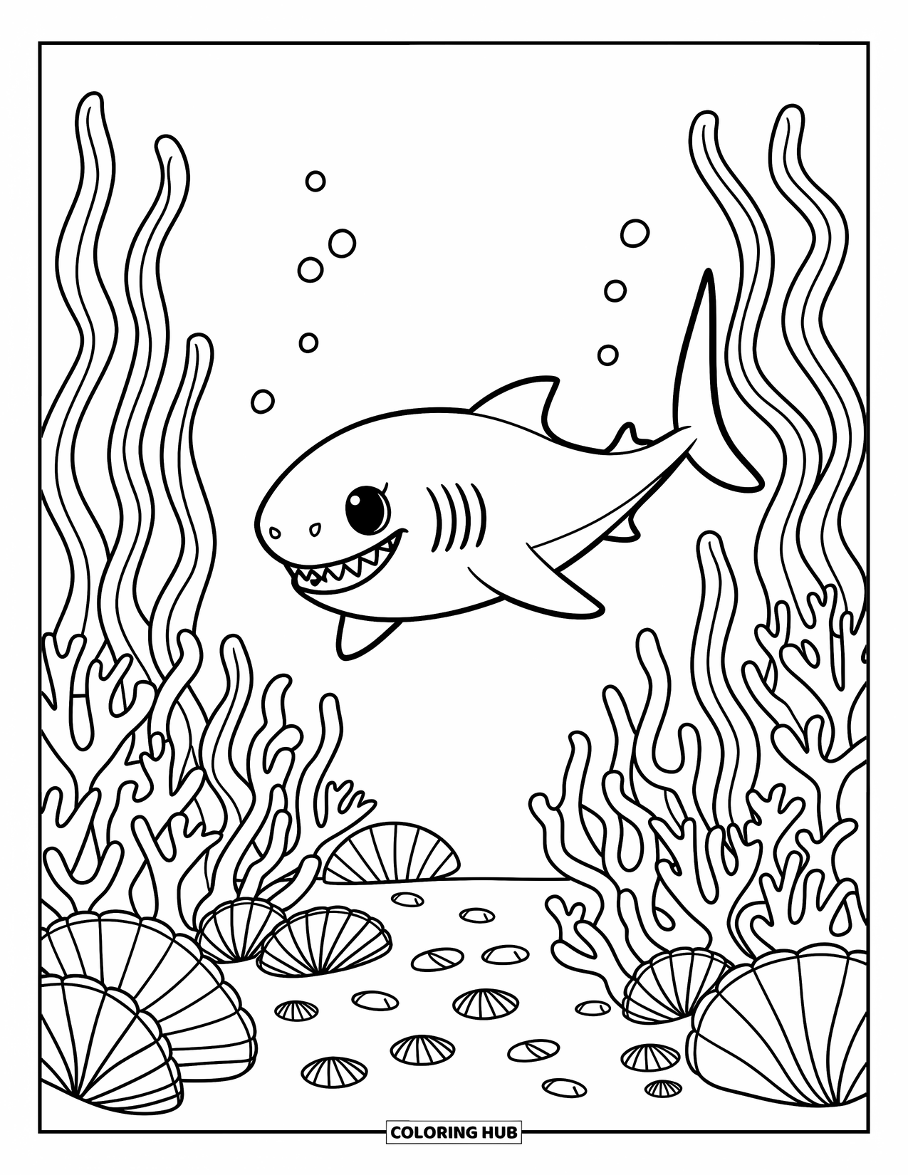 Tiger Shark Coloring Page for Adults: Tiger shark swimming in a coral garden with shells, fish, and bubbles