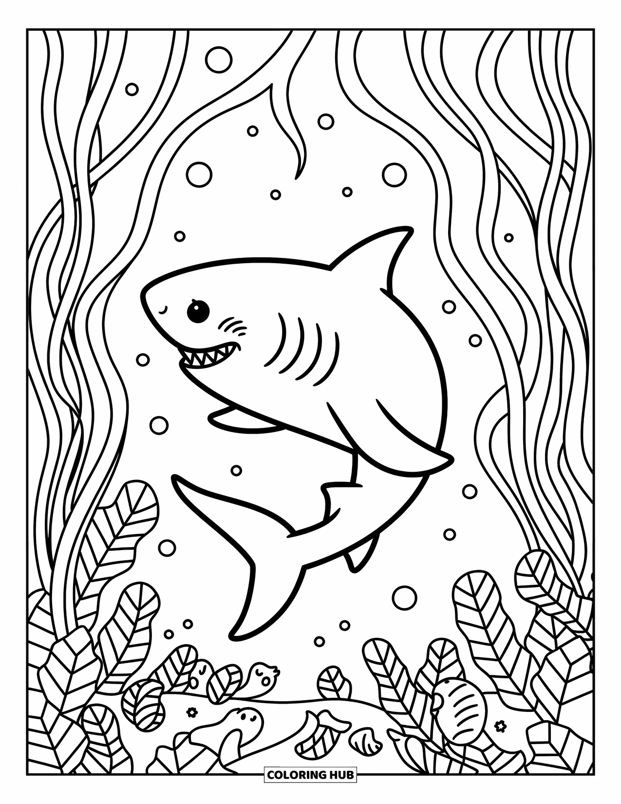 Tiger Shark Coloring Page for Adults: Tiger shark weaving through tall kelp with tiny sea snails and clams below