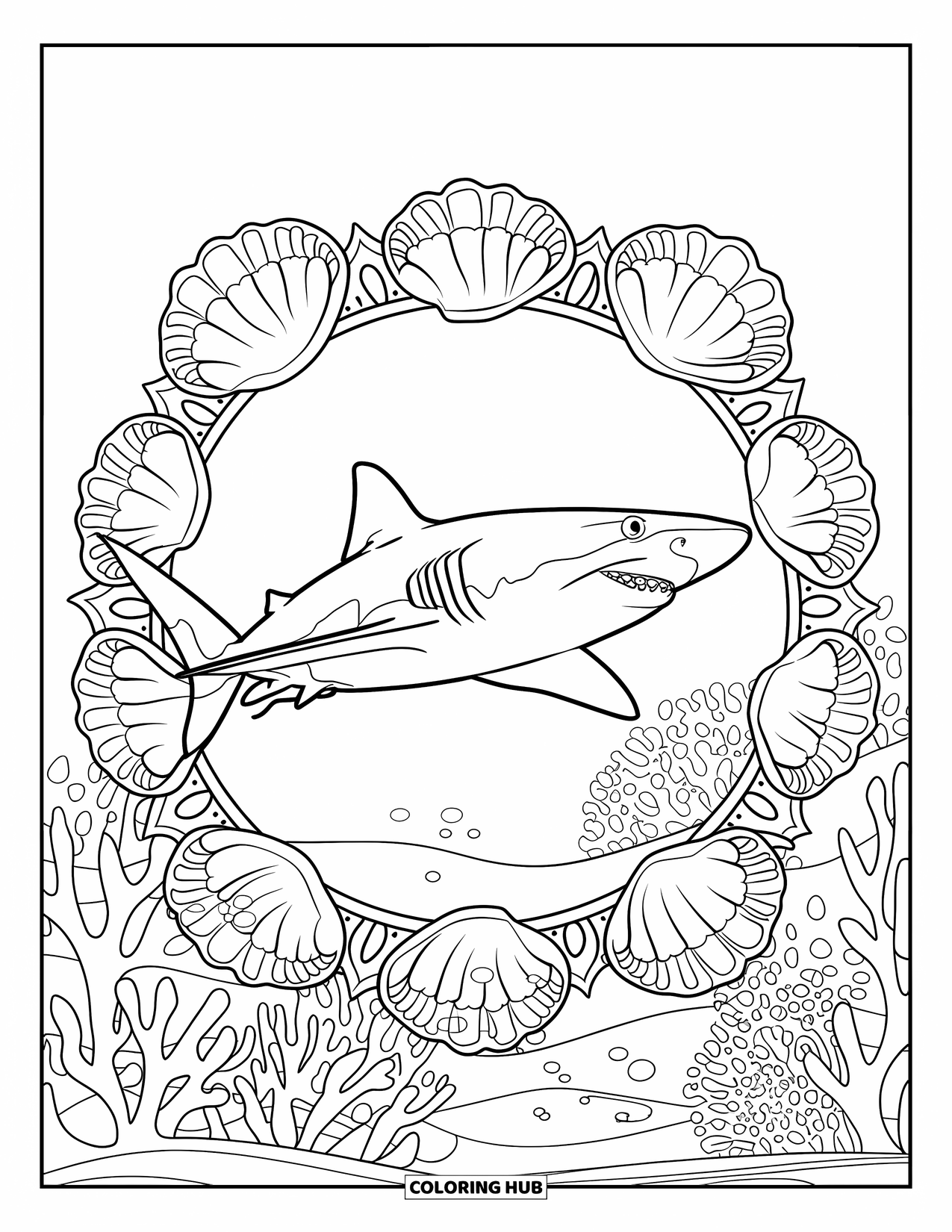 Tiger Shark Coloring Page for Adults: Tiger shark with shells and coral mandala in an underwater scene