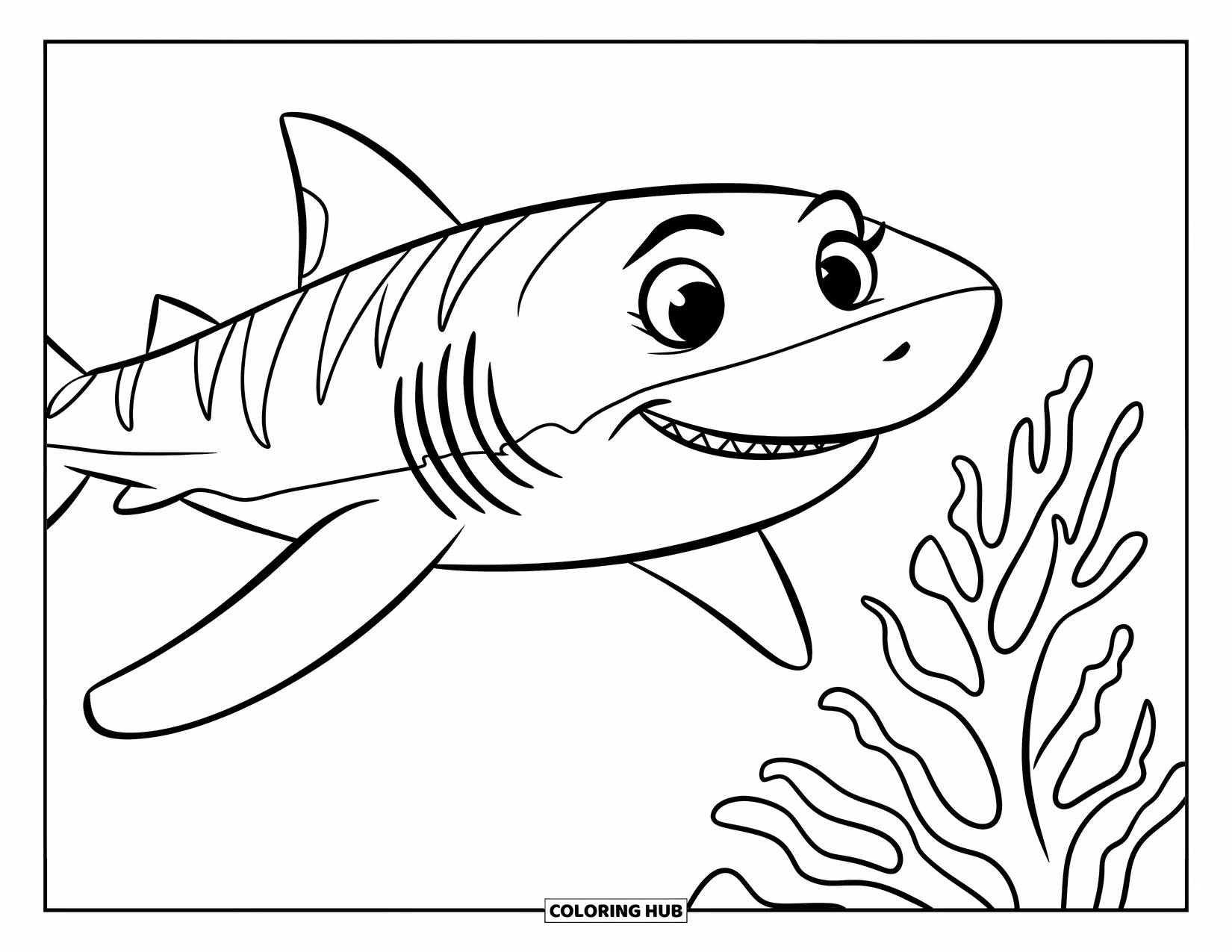 Tiger Shark Coloring Page for Kids: Simple striped tiger shark beside a seaweed plant
