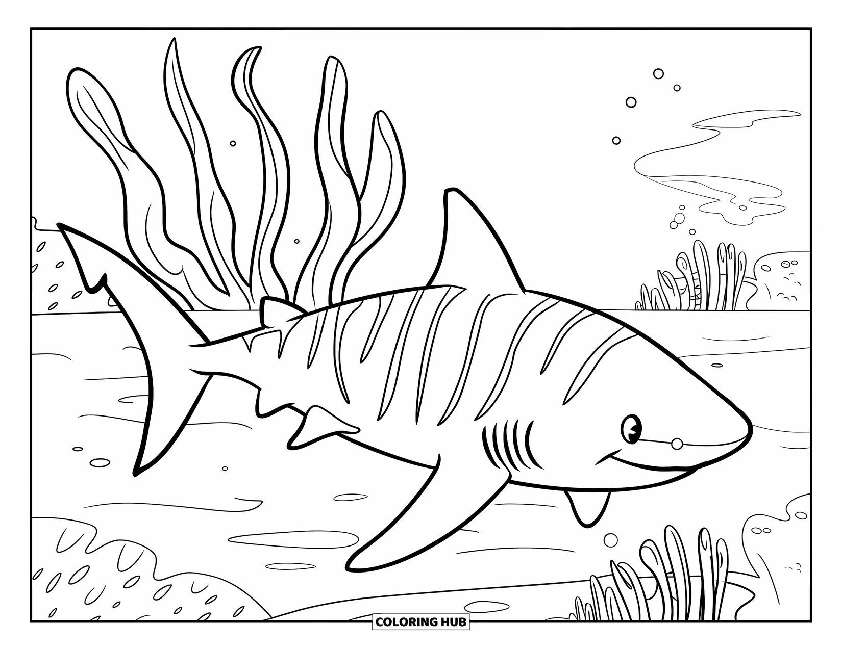 Tiger Shark Coloring Page for Kids: Striped tiger shark with seaweed in an underwater scene