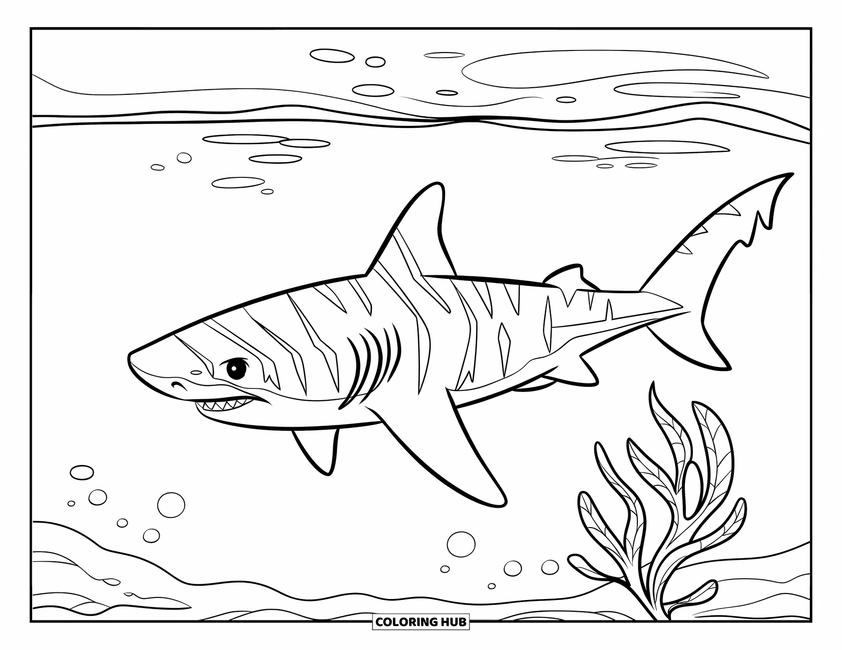 Tiger Shark Coloring Page for Kids: Striped tiger shark with seaweed in calm waters
