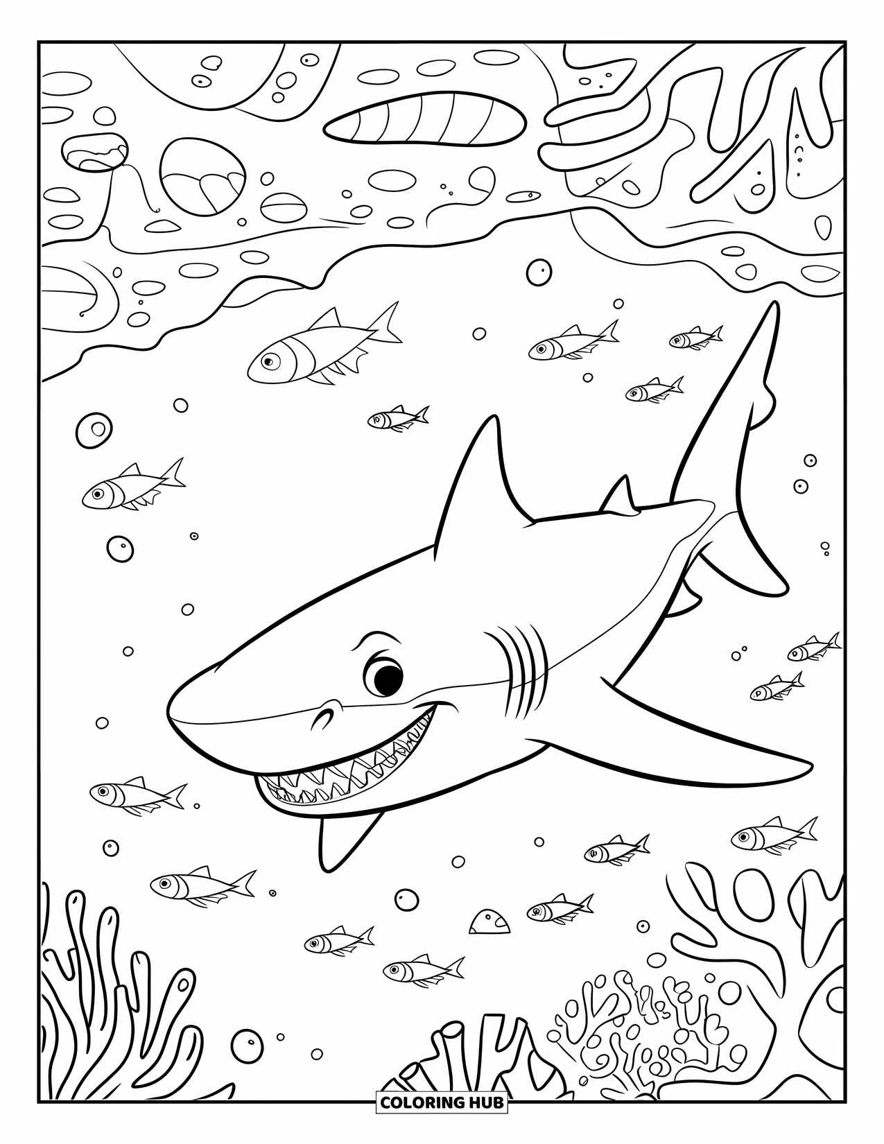 Tiger Shark Coloring Page for Kids: Tiger shark grinning as fish swim around coral