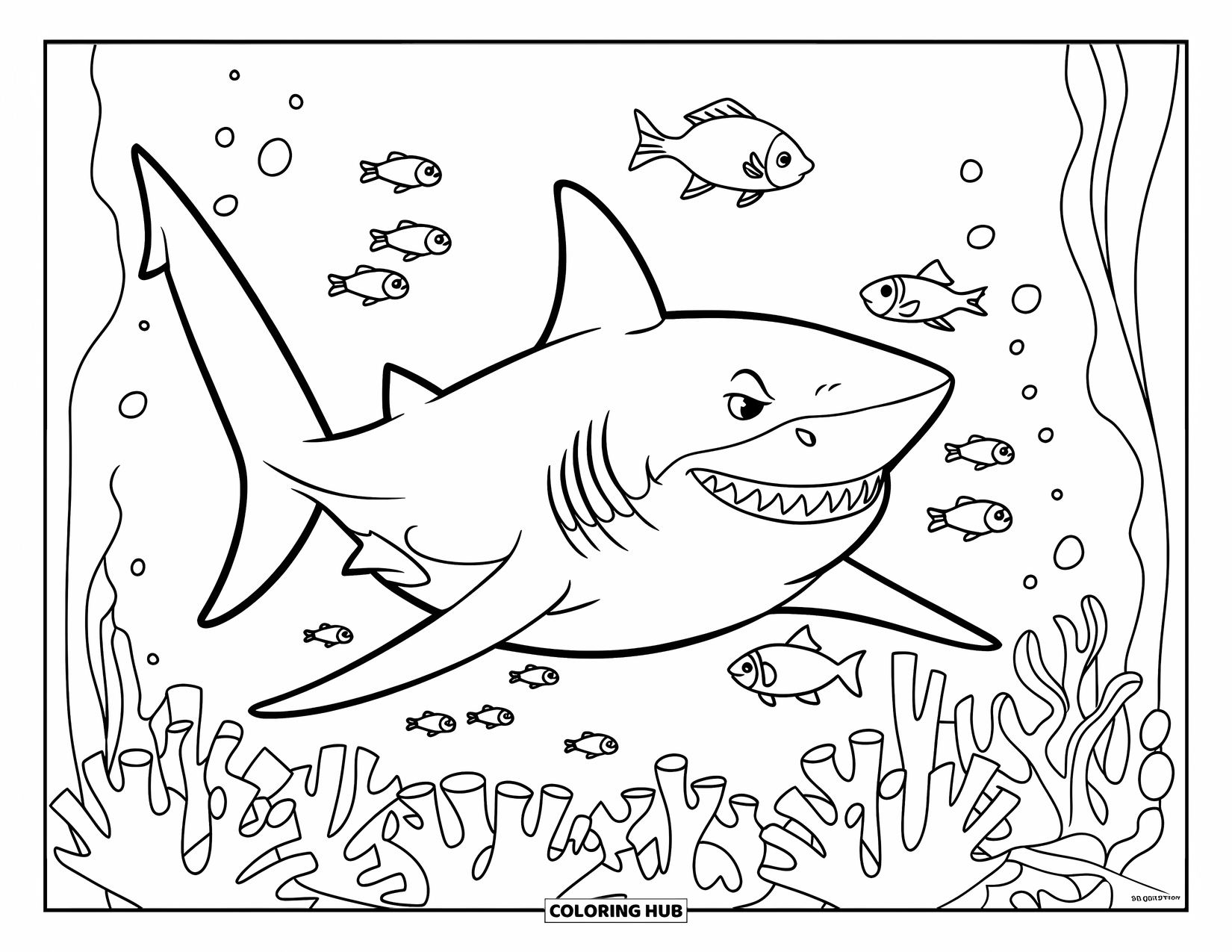Tiger Shark Coloring Page for Kids: Tiger shark grinning with fish above coral and seaweed
