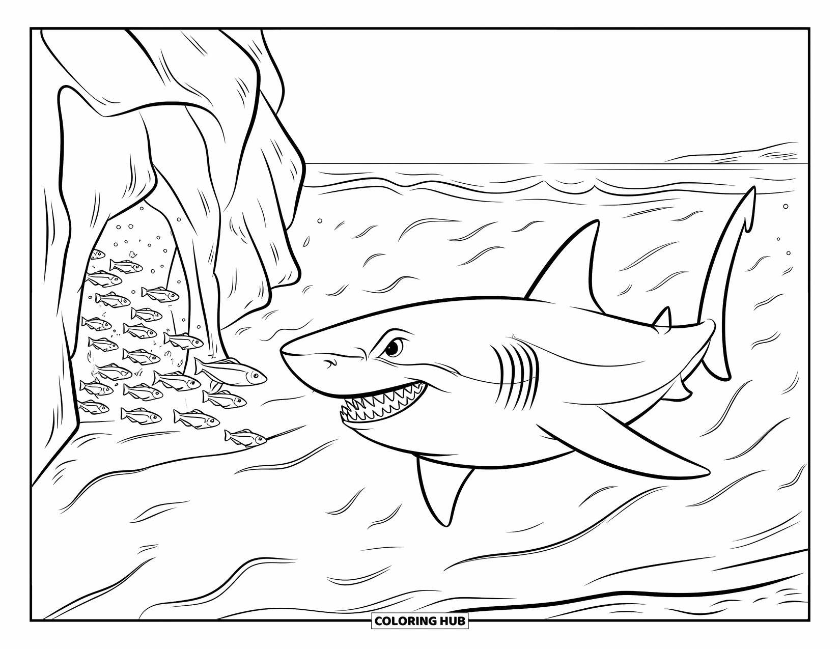 Tiger Shark Coloring Page for Kids: Tiger shark heading toward a reef cave with fish swimming inside