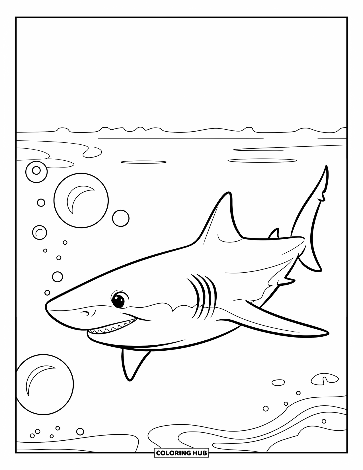 Tiger Shark Coloring Page for Kids: Tiger shark in open water with horizon in view